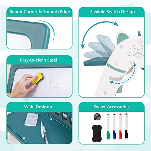 GYMAX 3 in 1 Kids Art Easel, Height Adjustable Toddler Drawing Easel with 4-Tier Bookshelf, 2 Storage Baskets, Pen Container, Eraser & 4 Markers, Children Table and Chair Set for Boys Girls (Green)