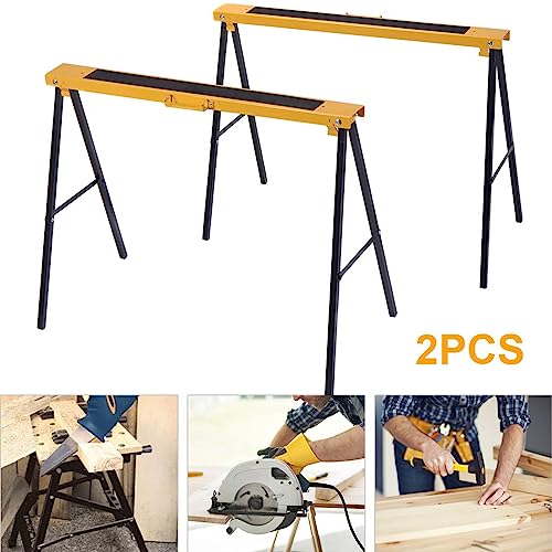 TANGZON Folding Saw Horse Twin Pack, 275KG Heavy Duty Workbench Metal Trestle Stands with Non-Slip Top & Handle, Portable Sawhorses Pair for Household Workshop Repair Shop