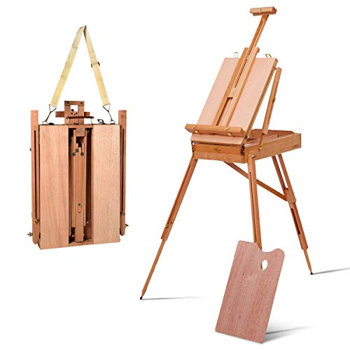 GYMAX Wooden Art Easel, Folding Tripod Easel Stand with Sketch Box, Storage Drawer, Palette and Carrying Strap, Portable Drawing Board Height Adjustable