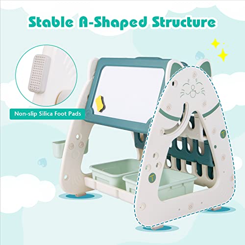 GYMAX 3 in 1 Kids Art Easel, Height Adjustable Toddler Drawing Easel with 4-Tier Bookshelf, 2 Storage Baskets, Pen Container, Eraser & 4 Markers, Children Table and Chair Set for Boys Girls (Green)