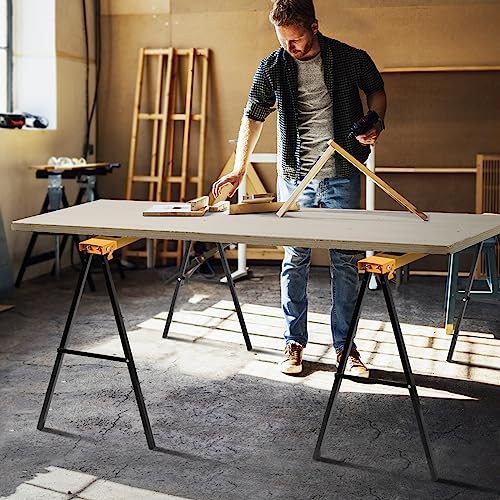 TANGZON Folding Saw Horse Twin Pack, 275KG Heavy Duty Workbench Metal Trestle Stands with Non-Slip Top & Handle, Portable Sawhorses Pair for Household Workshop Repair Shop