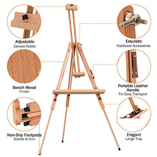 COSTWAY Foldable Tripod Easel, Beech Wood Studio Easels with Storage Tray, Adjustable Height and Angle, Floor Painting Stand Holds Canvas up to 78cm