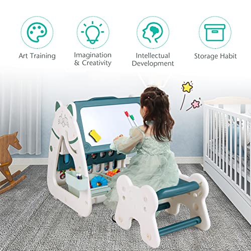 GYMAX 3 in 1 Kids Art Easel, Height Adjustable Toddler Drawing Easel with 4-Tier Bookshelf, 2 Storage Baskets, Pen Container, Eraser & 4 Markers, Children Table and Chair Set for Boys Girls (Green)