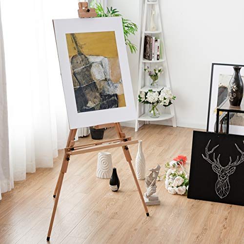 COSTWAY Foldable Tripod Easel, Beech Wood Studio Easels with Storage Tray, Adjustable Height and Angle, Floor Painting Stand Holds Canvas up to 78cm
