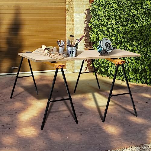 TANGZON Folding Saw Horse Twin Pack, 275KG Heavy Duty Workbench Metal Trestle Stands with Non-Slip Top & Handle, Portable Sawhorses Pair for Household Workshop Repair Shop
