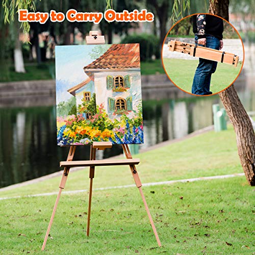 COSTWAY Foldable Tripod Easel, Beech Wood Studio Easels with Storage Tray, Adjustable Height and Angle, Floor Painting Stand Holds Canvas up to 78cm