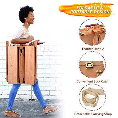 GYMAX Wooden Art Easel, Folding Tripod Easel Stand with Sketch Box, Storage Drawer, Palette and Carrying Strap, Portable Drawing Board Height Adjustable