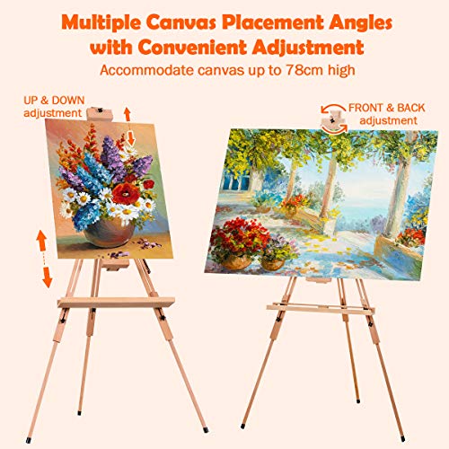 COSTWAY Foldable Tripod Easel, Beech Wood Studio Easels with Storage Tray, Adjustable Height and Angle, Floor Painting Stand Holds Canvas up to 78cm