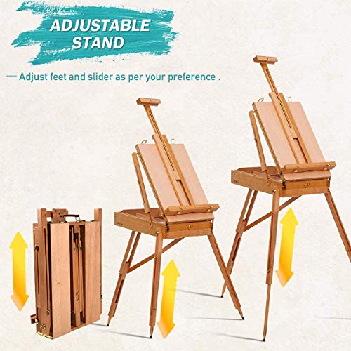 GYMAX Wooden Art Easel, Folding Tripod Easel Stand with Sketch Box, Storage Drawer, Palette and Carrying Strap, Portable Drawing Board Height Adjustable