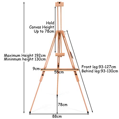 COSTWAY Foldable Tripod Easel, Beech Wood Studio Easels with Storage Tray, Adjustable Height and Angle, Floor Painting Stand Holds Canvas up to 78cm