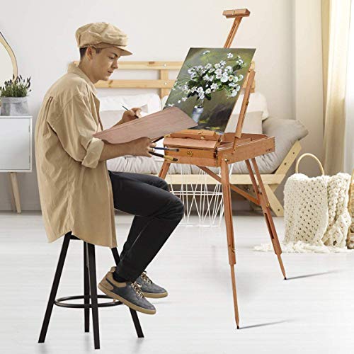 GYMAX Wooden Art Easel, Folding Tripod Easel Stand with Sketch Box, Storage Drawer, Palette and Carrying Strap, Portable Drawing Board Height Adjustable