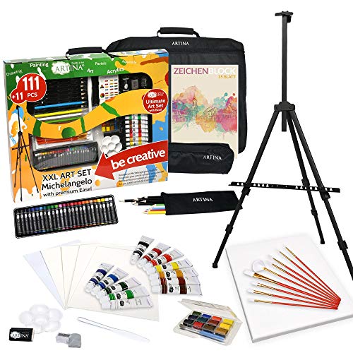 Artina 122pcs XXL Easel Art Set Michelangelo Beginner Painting Set – Art Studio with Acrylic Paints, Colouring Pencils, Watercolour, Pastels, Canvas & Brushes – Artist Drawing Kit & Art Box
