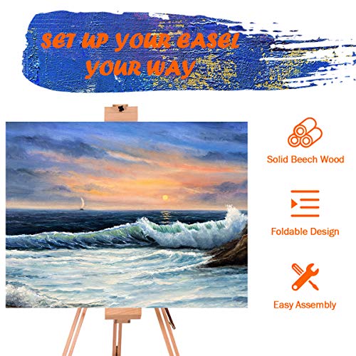 COSTWAY Foldable Tripod Easel, Beech Wood Studio Easels with Storage Tray, Adjustable Height and Angle, Floor Painting Stand Holds Canvas up to 78cm