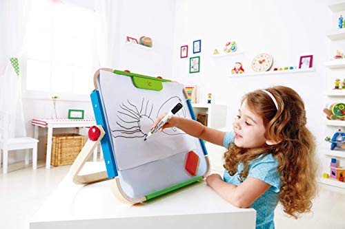 Hape Anywhere Art Studio | Award-Winning Double-Sided Wooden Kids Easel Whiteboard/Chalkboard with 2 Chalk Pieces, Eraser and Magnetic Wood Clamp for Paper