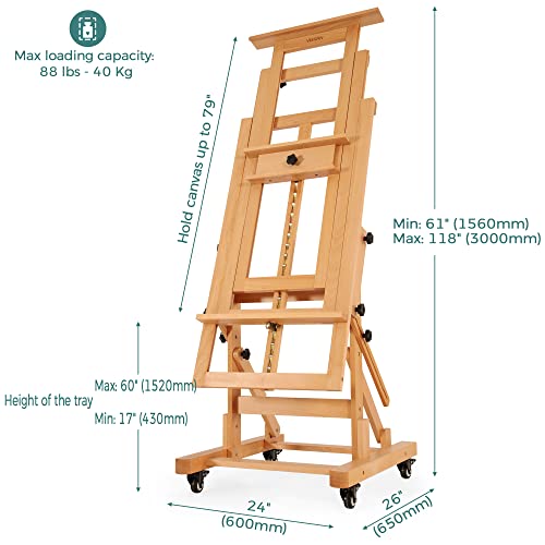 VISWIN Extra-Large Master Easel, Hold 2 Canvases up to 79" H, Tilts Flat, Movable Solid Beech Wood Heavy Duty Art Floor Easel for Painting, Adjustable Artist Easel Stand for Adults