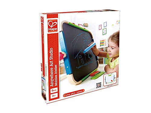 Hape Anywhere Art Studio | Award-Winning Double-Sided Wooden Kids Easel Whiteboard/Chalkboard with 2 Chalk Pieces, Eraser and Magnetic Wood Clamp for Paper