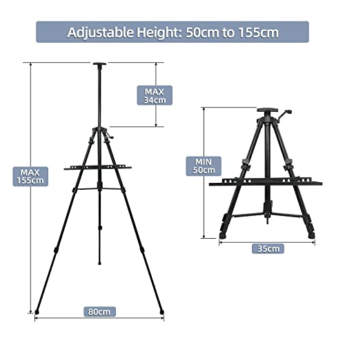 STANDNEE Artist Easel Stand Easel for Painting Canvase , 50 to 155cm Art Easel for Painting & Displaying, Aluminum Adjustable Height Display Tripod with Portable Bag/Folding Keg/Apron.(Black)