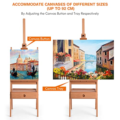 GYMAX Studio H-Frame Easel, Adjustable Height Painting Stand with Storage Drawer, Wood Floor Easel for Painting, Sketching, Display