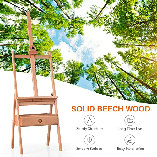 GYMAX Studio H-Frame Easel, Adjustable Height Painting Stand with Storage Drawer, Wood Floor Easel for Painting, Sketching, Display