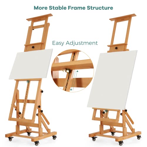 VISWIN Extra-Large Master Easel, Hold 2 Canvases up to 79" H, Tilts Flat, Movable Solid Beech Wood Heavy Duty Art Floor Easel for Painting, Adjustable Artist Easel Stand for Adults