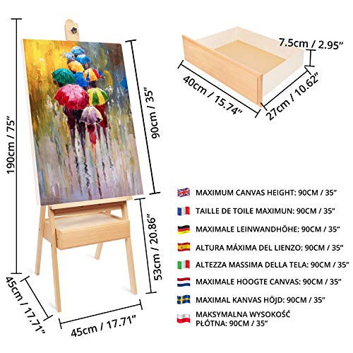 Kurtzy 190 cm(75 inches) Wooden H-Frame Studio Easel with Artist Storage Drawer - Adjustable to High - Large Art Easel with Canvas Holder - Sturdy Beechwood - Display Paintings & Portraits