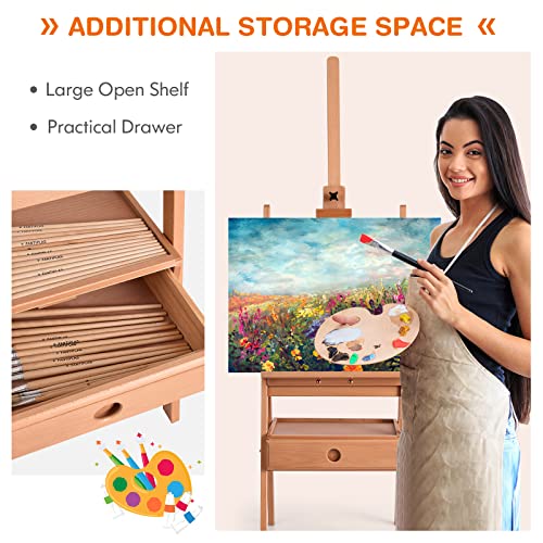 GYMAX Studio H-Frame Easel, Adjustable Height Painting Stand with Storage Drawer, Wood Floor Easel for Painting, Sketching, Display