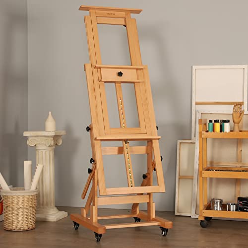 VISWIN Extra-Large Master Easel, Hold 2 Canvases up to 79" H, Tilts Flat, Movable Solid Beech Wood Heavy Duty Art Floor Easel for Painting, Adjustable Artist Easel Stand for Adults