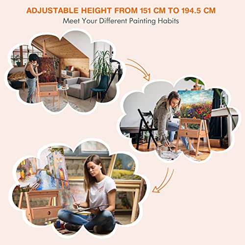 GYMAX Studio H-Frame Easel, Adjustable Height Painting Stand with Storage Drawer, Wood Floor Easel for Painting, Sketching, Display