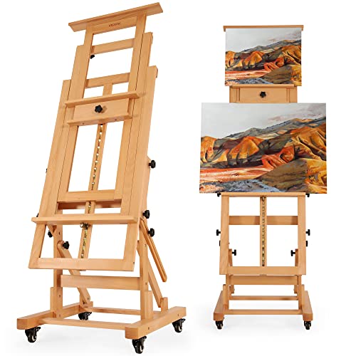 VISWIN Extra-Large Master Easel, Hold 2 Canvases up to 79" H, Tilts Flat, Movable Solid Beech Wood Heavy Duty Art Floor Easel for Painting, Adjustable Artist Easel Stand for Adults