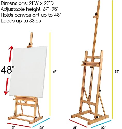 MEEDEN Studio H-Frame Easel with Storage Tray, Solid Beech Wood Artist Painting Easel, Best Wooden Floor Easel, Holds Canvas Art up to 48"