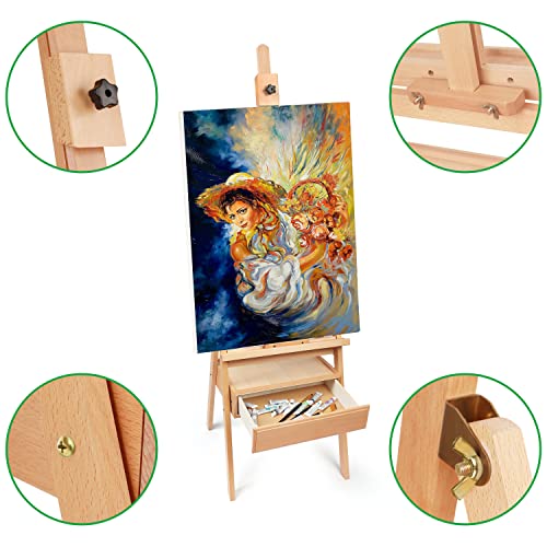 Kurtzy 190 cm(75 inches) Wooden H-Frame Studio Easel with Artist Storage Drawer - Adjustable to High - Large Art Easel with Canvas Holder - Sturdy Beechwood - Display Paintings & Portraits