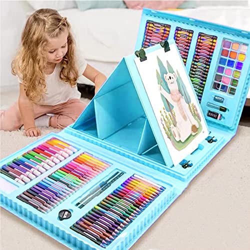 XDISHYN 208 PCS Art Supplies, BRAND Drawing Art Kit for Kids Adults Art Set with Double Sided Trifold Easel, Oil Pastels, Crayons (Blue)