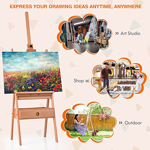 GYMAX Studio H-Frame Easel, Adjustable Height Painting Stand with Storage Drawer, Wood Floor Easel for Painting, Sketching, Display