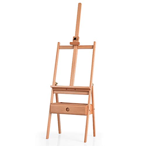 COSTWAY H-Frame Wooden Easel, Beech Studio Easels with Drawer, Adjustable Painting Stand Holds Canvas up to 36", for Artists, Students and Adults