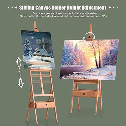 COSTWAY H-Frame Wooden Easel, Beech Studio Easels with Drawer, Adjustable Painting Stand Holds Canvas up to 36", for Artists, Students and Adults