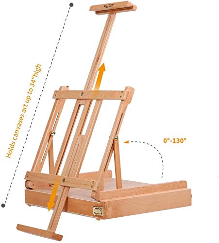MEEDEN Studio Sketchbox Table Easel with Metal Lined Drawer - Adjustable Solid Beechwood Tabletop Easel & Sketchbox Artist Easel with Storage, Great for Studio or Plein Air - Holds canvases up to 34"