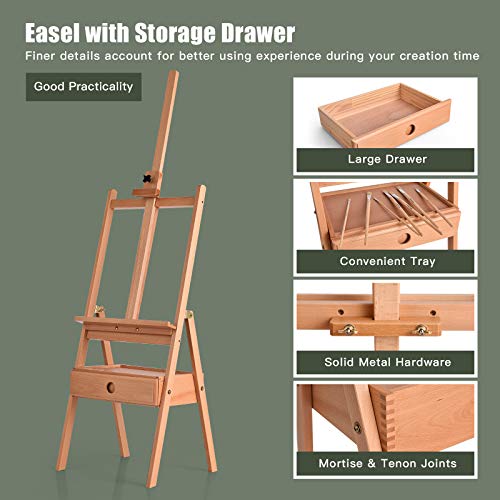COSTWAY H-Frame Wooden Easel, Beech Studio Easels with Drawer, Adjustable Painting Stand Holds Canvas up to 36", for Artists, Students and Adults