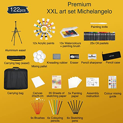 Artina 122pcs XXL Easel Art Set Michelangelo Beginner Painting Set – Art Studio with Acrylic Paints, Colouring Pencils, Watercolour, Pastels, Canvas & Brushes – Artist Drawing Kit & Art Box