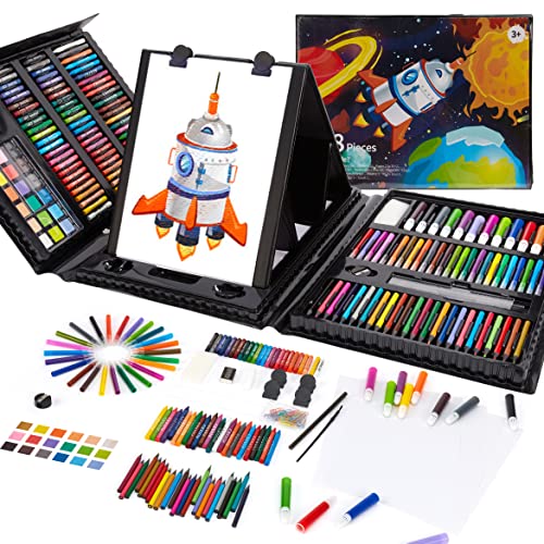 Drawing Painting Sets for Boys, Double Sided Trifold Easel Included, Spaceship Art Supplies Sets with Oil Pastels, Crayons, Colored Pencils, Watercolor Pens, Gifts for Boys (Black, 208pcs)
