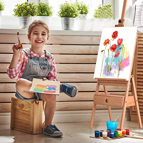 COSTWAY H-Frame Wooden Easel, Beech Studio Easels with Drawer, Adjustable Painting Stand Holds Canvas up to 36", for Artists, Students and Adults