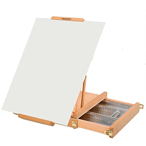 MEEDEN Studio Sketchbox Table Easel with Metal Lined Drawer - Adjustable Solid Beechwood Tabletop Easel & Sketchbox Artist Easel with Storage, Great for Studio or Plein Air - Holds canvases up to 34"