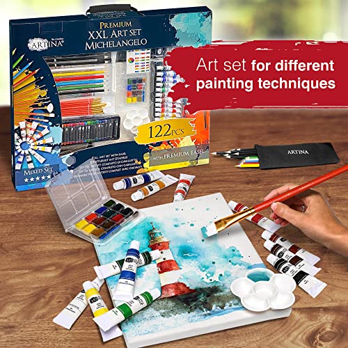 Artina 122pcs XXL Easel Art Set Michelangelo Beginner Painting Set – Art Studio with Acrylic Paints, Colouring Pencils, Watercolour, Pastels, Canvas & Brushes – Artist Drawing Kit & Art Box