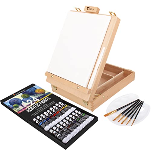 Acrylic Paint Set for Artists - with Box, Wood Easel, 24 Tubes of Acrylic Paints, 6 Paintbrushes, Blank Canvas, Spatula, and Mixing Palette - Portable Travel Kit
