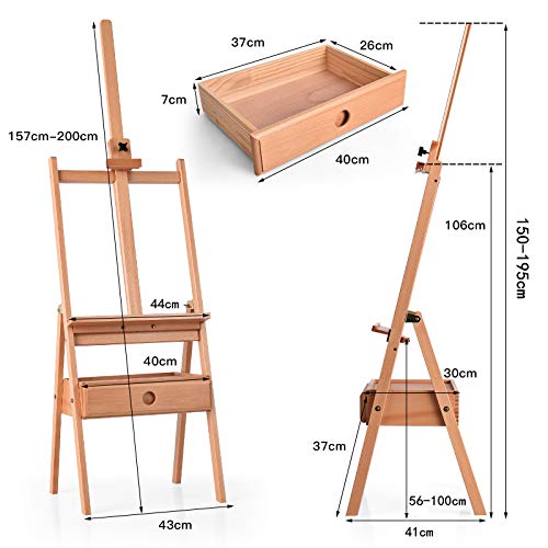 COSTWAY H-Frame Wooden Easel, Beech Studio Easels with Drawer, Adjustable Painting Stand Holds Canvas up to 36", for Artists, Students and Adults