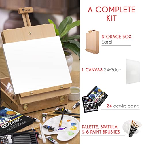 Acrylic Paint Set for Artists - with Box, Wood Easel, 24 Tubes of Acrylic Paints, 6 Paintbrushes, Blank Canvas, Spatula, and Mixing Palette - Portable Travel Kit