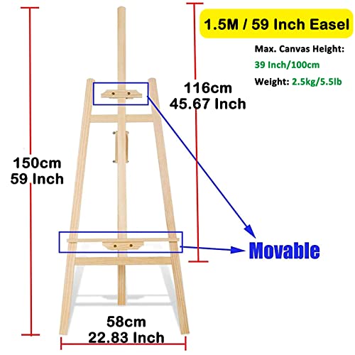 Display Easel Stand for Wedding Sign & Poster, Painting Easel for Artist, Drawing Easel for Kids, Wooden Display Stand Artist Easel Studio Easel, Adjustable Drawing Painting Holder (1.5m/59 Inch)