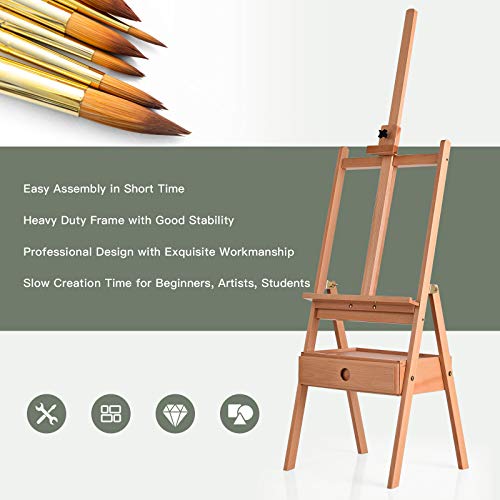 COSTWAY H-Frame Wooden Easel, Beech Studio Easels with Drawer, Adjustable Painting Stand Holds Canvas up to 36", for Artists, Students and Adults