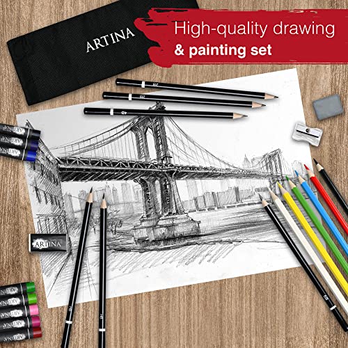 Artina 122pcs XXL Easel Art Set Michelangelo Beginner Painting Set – Art Studio with Acrylic Paints, Colouring Pencils, Watercolour, Pastels, Canvas & Brushes – Artist Drawing Kit & Art Box