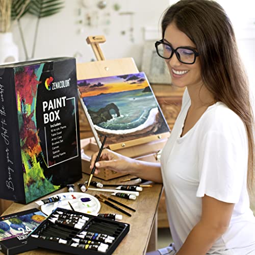 Acrylic Paint Set for Artists - with Box, Wood Easel, 24 Tubes of Acrylic Paints, 6 Paintbrushes, Blank Canvas, Spatula, and Mixing Palette - Portable Travel Kit
