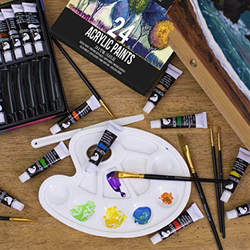 Acrylic Paint Set for Artists - with Box, Wood Easel, 24 Tubes of Acrylic Paints, 6 Paintbrushes, Blank Canvas, Spatula, and Mixing Palette - Portable Travel Kit